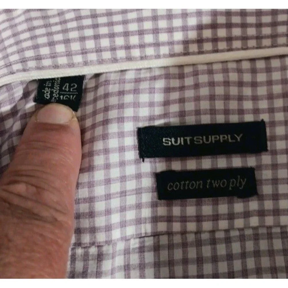 Suitsupply Shirt Mens 42, 16 1/2 Pink/White Gingham Check Two Ply Button Up - Picture 5 of 5